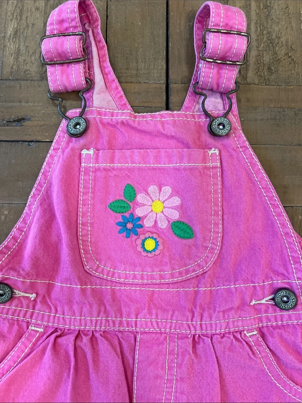 Oshkosh Y2K retro pink denim short overalls 18 months flower embroidered ruffles